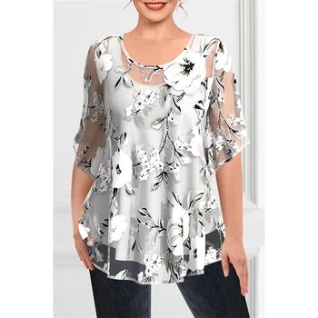Plus Size Dressy White Chiffon Blouse – Elegant Floral Two-Piece for Women