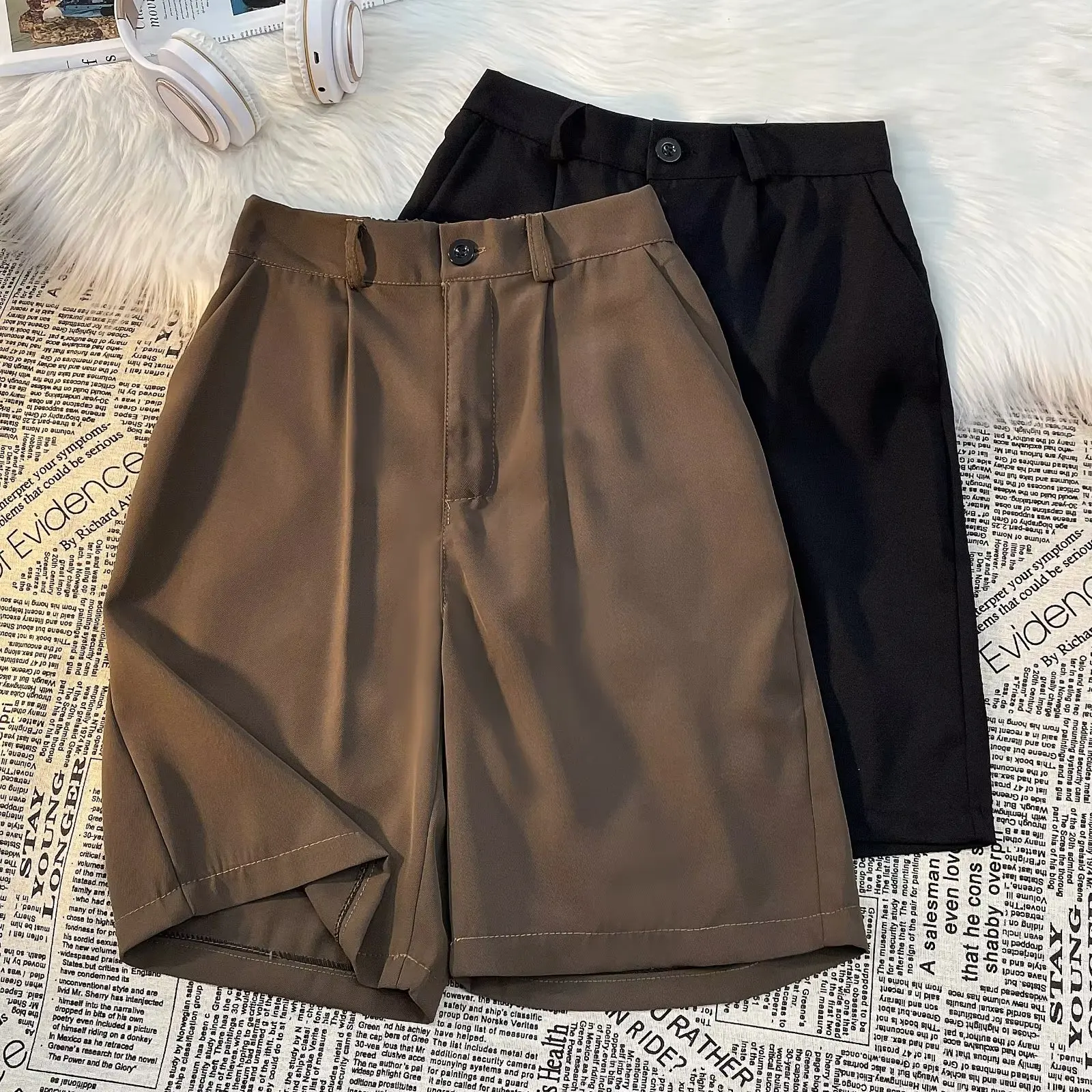 

2024 Men Summer Vintage Oversize Loose Casual Shorts Male Fashion Straight Short Pants Mens Solid Color Knee Length Shorts K11