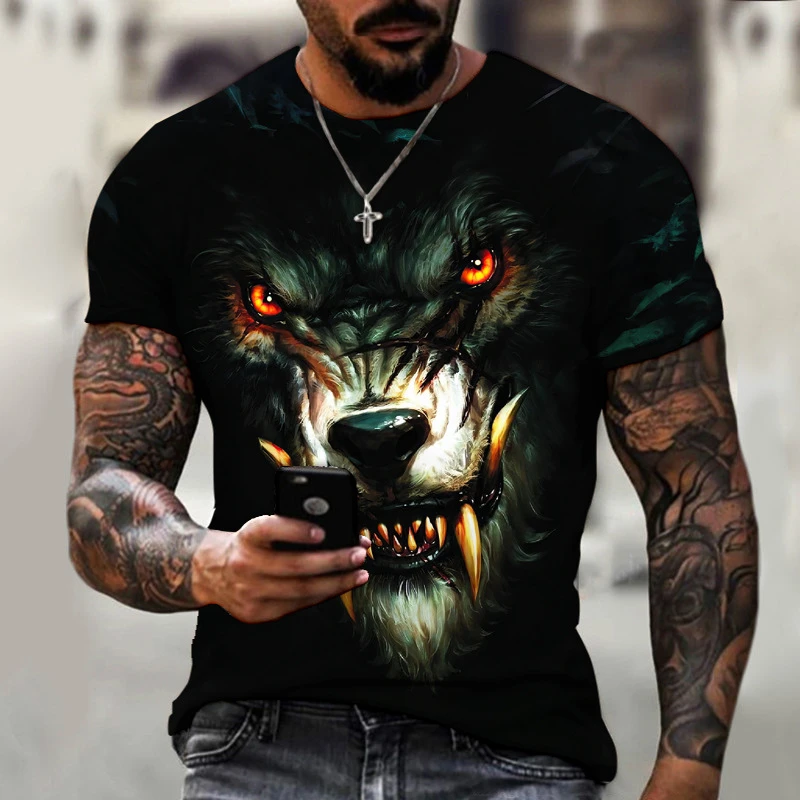 

Beast wolf 3d black printing series new summer men's short sleeve shirt super large top fashion street wear o collar men's wear