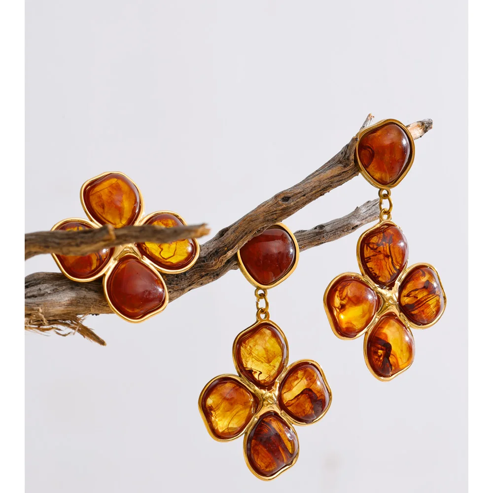 Yhpup Amber Resin Drop Earrings Ring Set