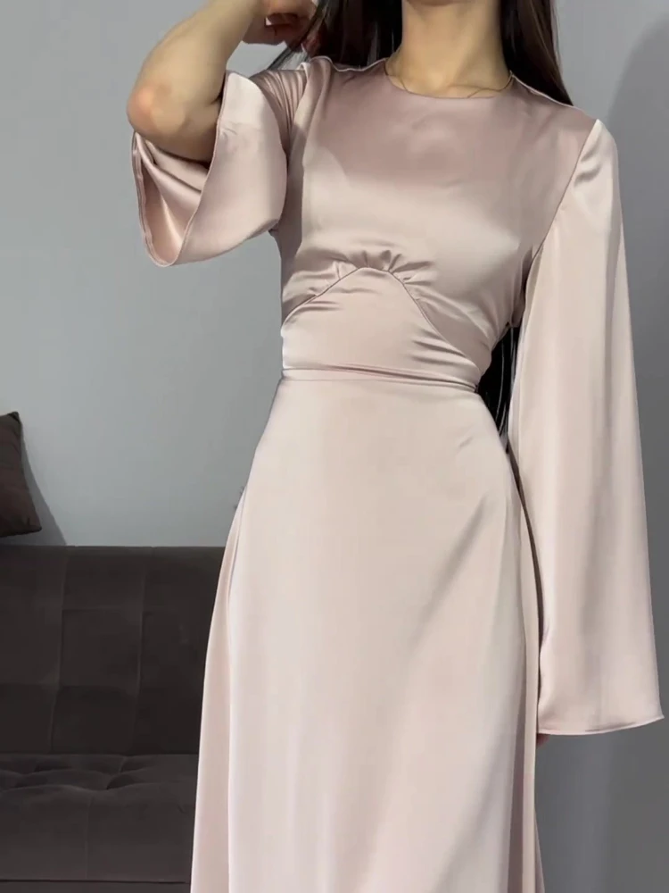 New in Summer Dress Women Fashion Solid Color Satin Dress Women High Neck Long Sleeve High Waist Tie Up Elegant Slim Maxi Dress 6