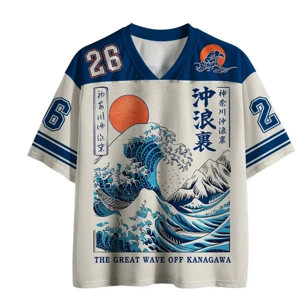 Retro japanisches Ukiyo-e Wave 3D-Druck-Sport-Schnelltrocknungs-Breatha-T-Shirt für Herren mit V-Ausschnitt, Street Fashion, Hip-Hop, Y2K, Eltern-Kind-Kleidung