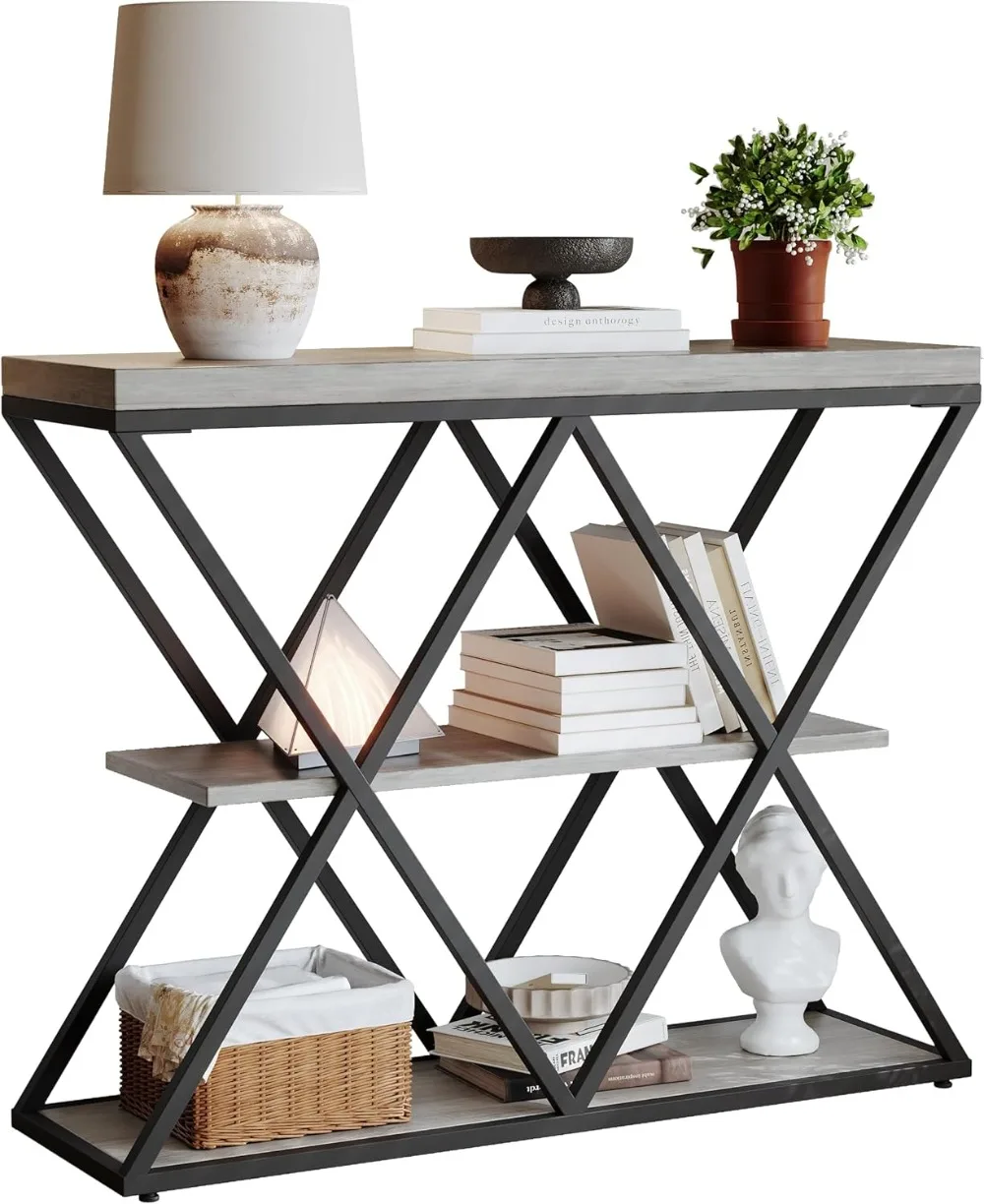 Industrial Console Table with Storage, 3-Tier Entryway Sofa Table, X-Shaped Metal Frame, Gray