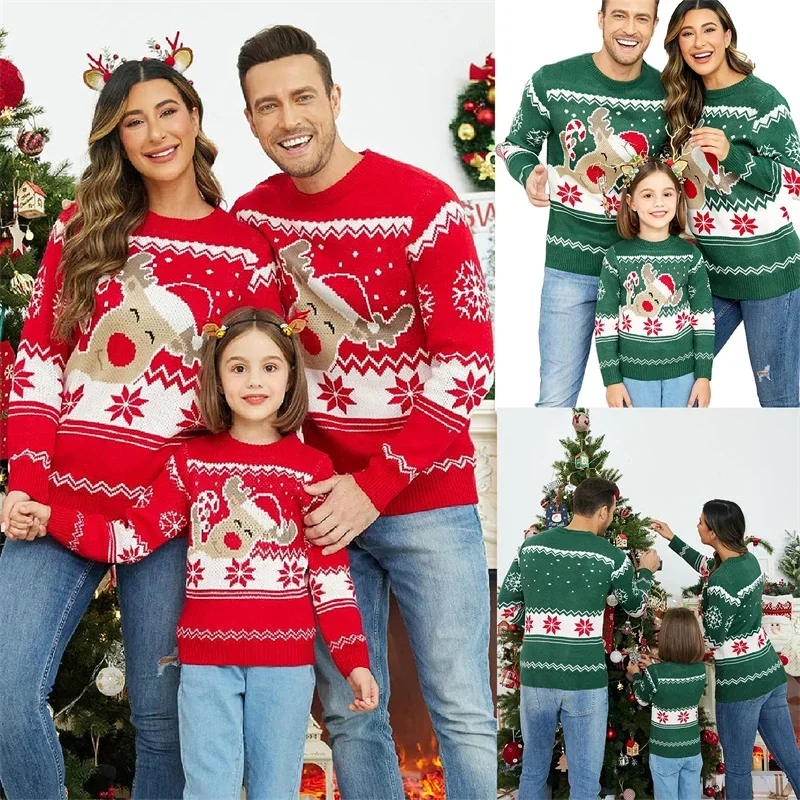 thumbnail image 2 of Suéter navideño a juego para familia, adultos y niños, estampado de alce de dibujos animados, cuello redondo, manga larga, tops de invierno, ropa de calle, 2 of 5