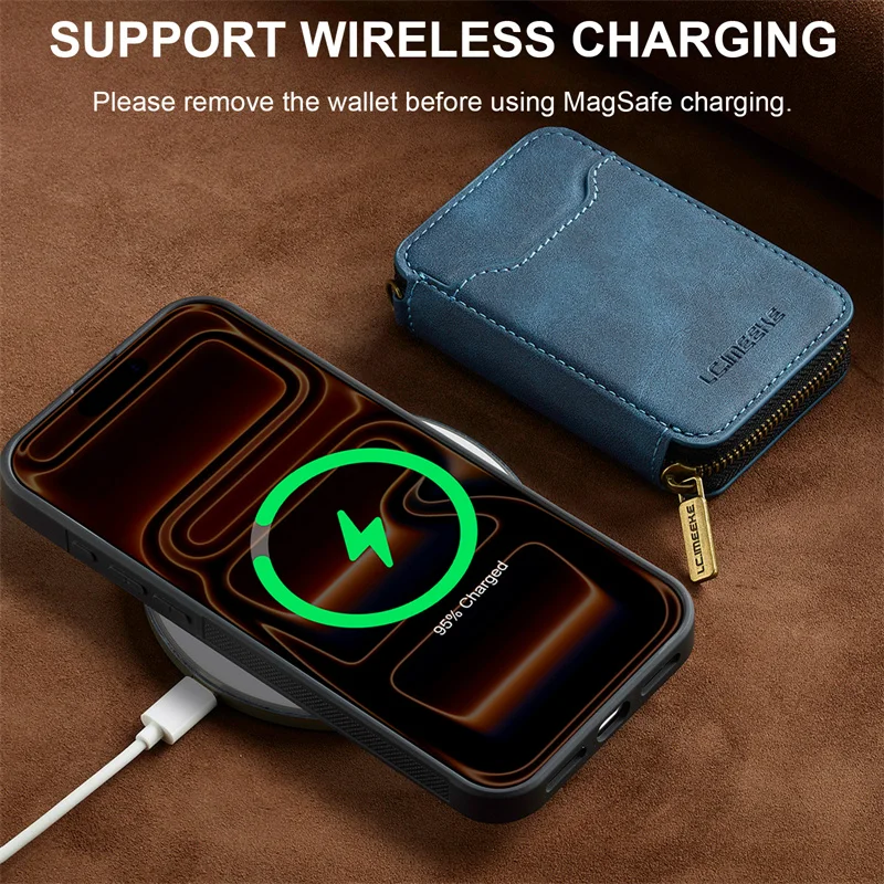 Magnetic Dual-Function Leather Wallet Phone Case with Zipper Card Holder