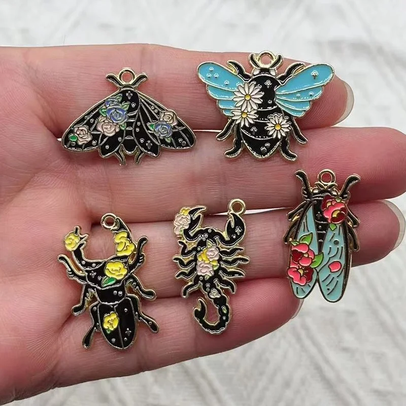 

10pcs Flower Insect Charm for Jewelry Making Enamel Necklace Pendant Diy Supplies Bracelet Phone Craft Accessories Gold Plated