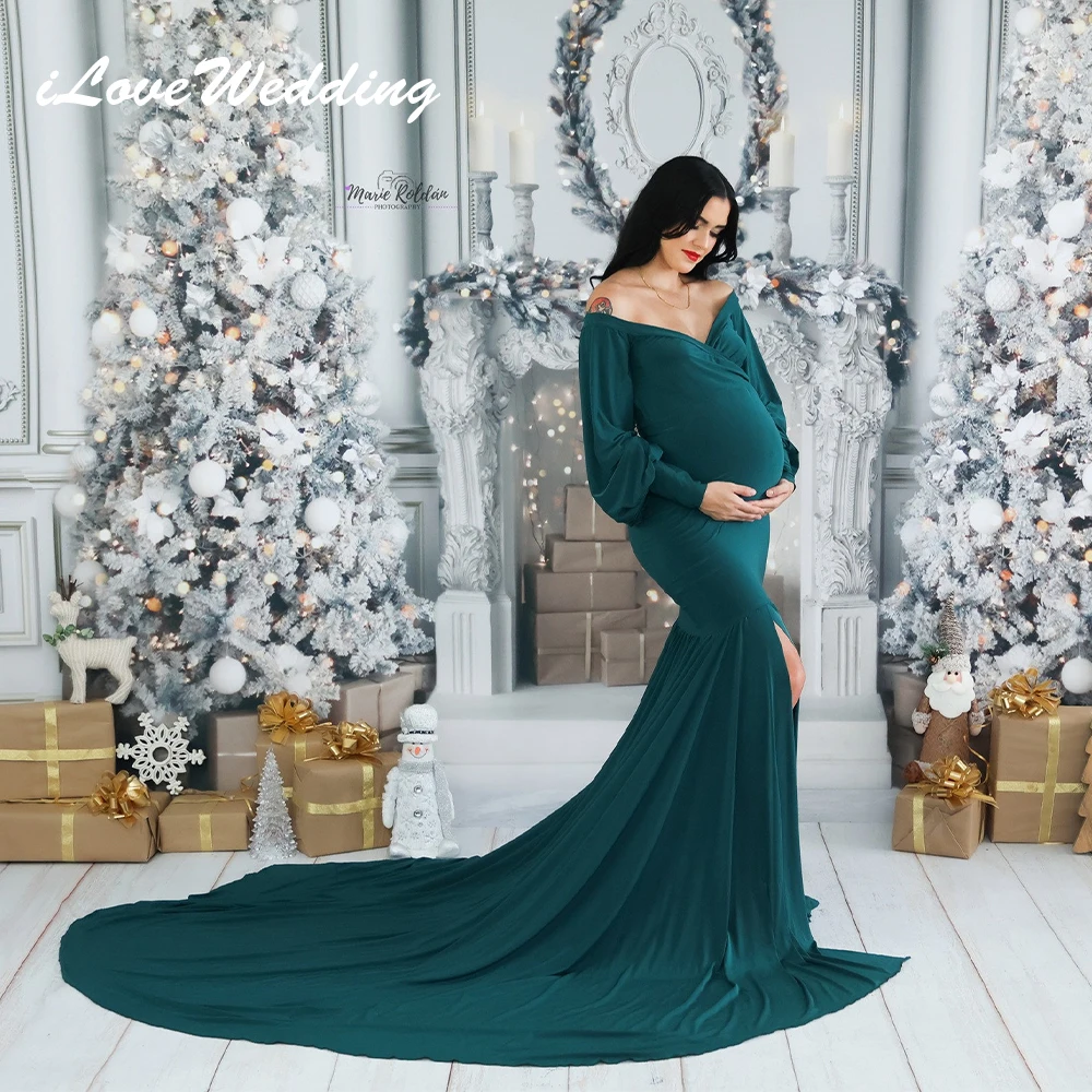 ILoveWedding Elegant Maternity Dresses for Photoshoot Off Shoulder Long Sleeves Babyshower Pregnant Gowns Women for Photo Shoot