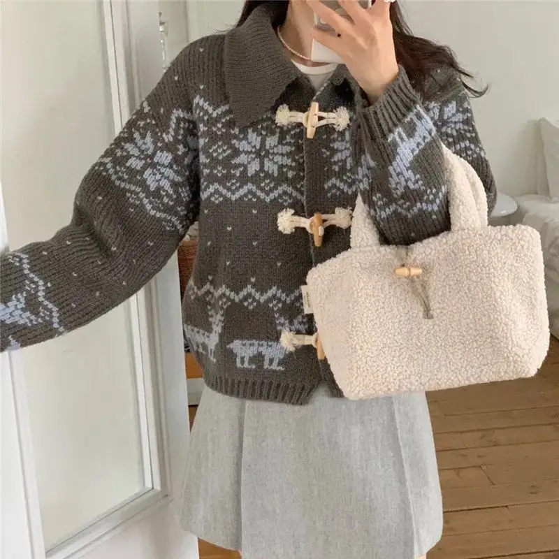 용수철 눈송이 사슴 무늬 여성용 스웨터 재킷, 뿔 단추 턴다운 칼라, 양모 니트 가디건, 캐시미어 코트, 점퍼 H716