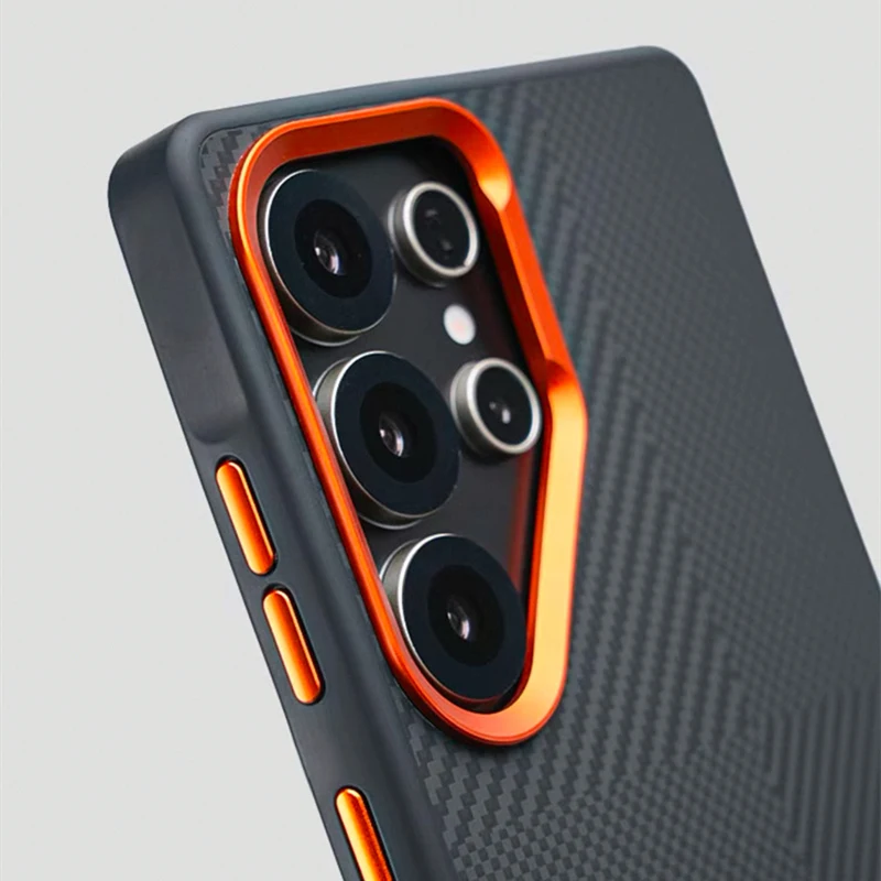 Magnetic Alloy Lens Phone Case with Carbon Fibre Texture and Wireless Charging Compatibility