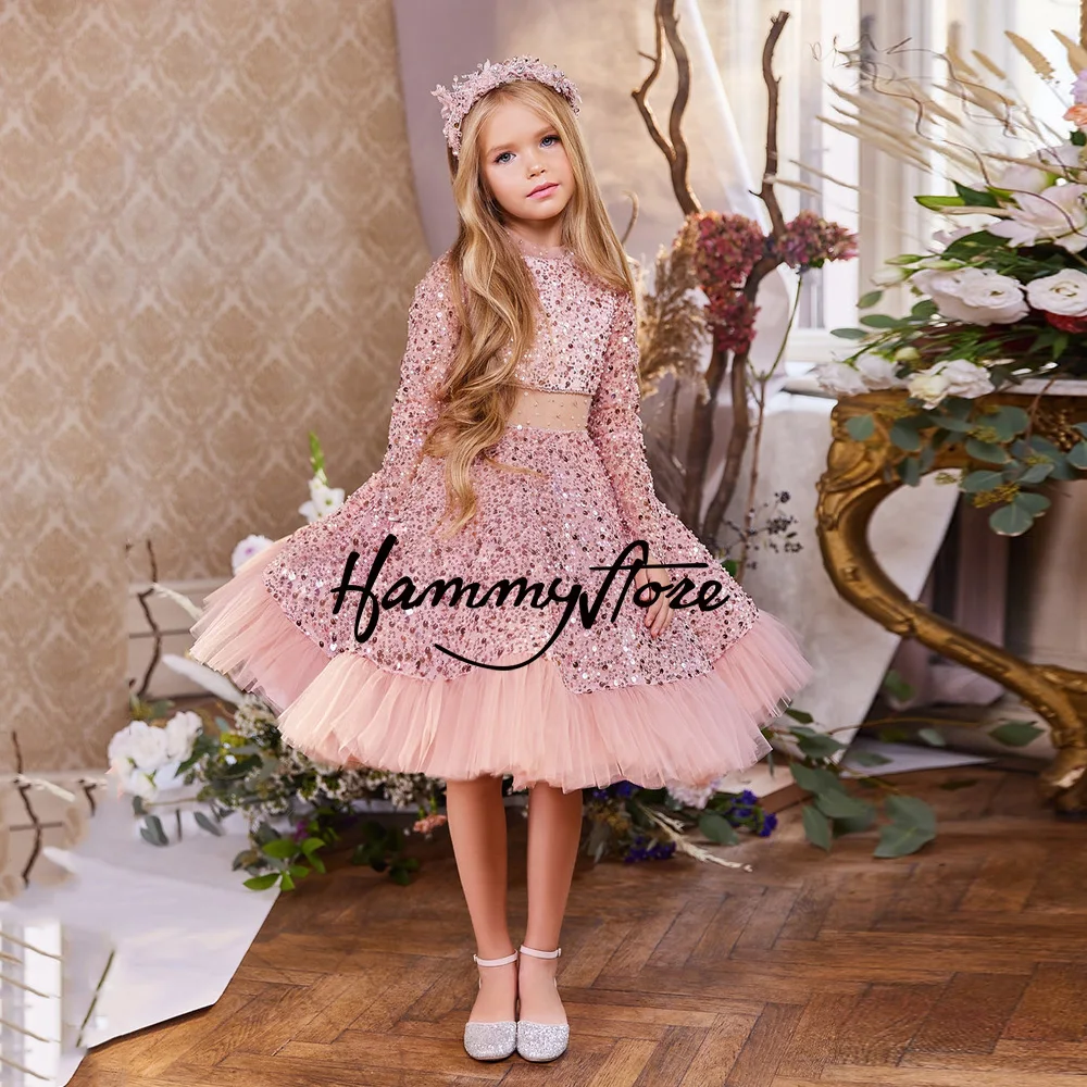 

Kids Pageant Party Gown Long Sleeves O Neck Glitter Sequin Girls Birthday Tutu Dresses Wedding Flower Girl Dress