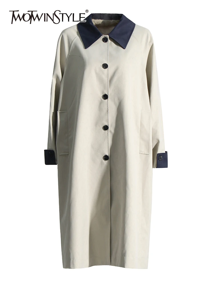 

TWOTWINSTYLE Colorblock Patchwork Button Minimalist Trenches For Women Lapel Long Sleeve Casual Temperament Trench Female New