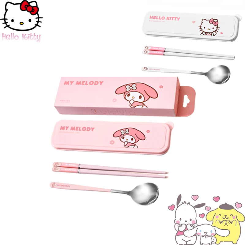 헬로 키티 젓가락 스푼 세트, 산리오 애니메이션 휴대용 식기, 투피스 슈트, 마이 멜로디 보관함, 학생 식기 선물 