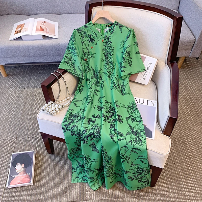 

Plus size women's summer casual dress Chinese-style cheongsam slit hem green printed polyester fabric to ankle long dress