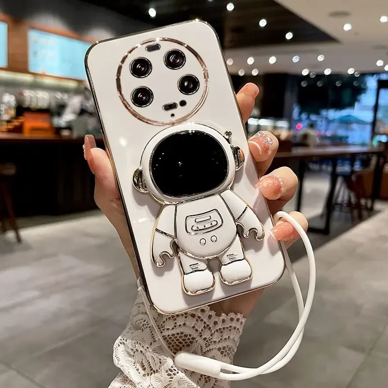 Silicone Shockproof Electroplated Cartoon Astronaut Case with Kickstand and Lanyard