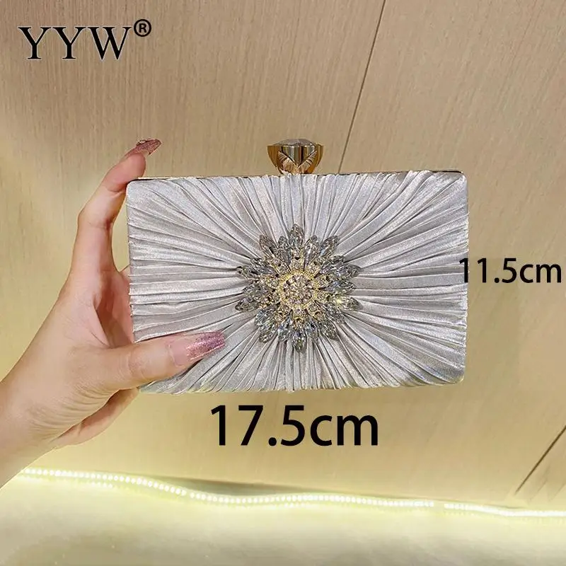 Elegant Pleated Silk Women Crystal Clutch Handbag Bling Rhinestone Floral Wedding Bridal Envelope Purse Crossbody Shoulder Bag