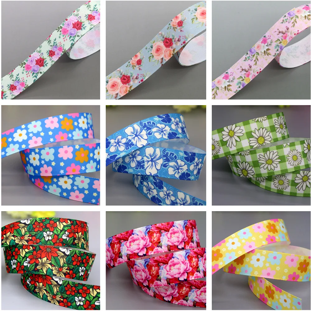 22mm 10yards Spring Flowers Printed Grosgrain Ribbon Accessories Headwear Decoration Collar DIY Sewing Craft B2403 ribbon decoration,ribbon supplies,grosgrain ribbon,sewing ribbon