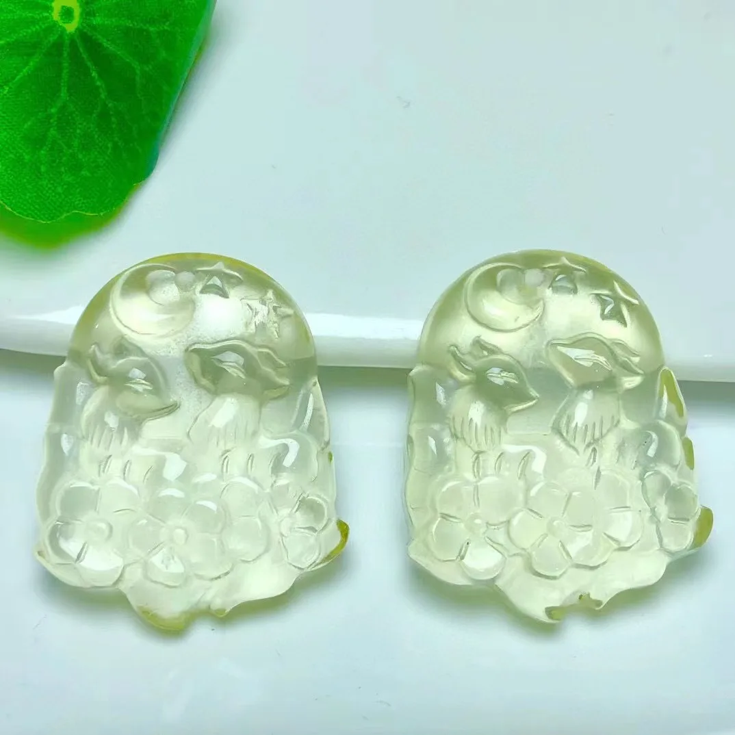 

Резьба вручную из натурального цитрина, 36 мм, Исцеляющие двойные девять хвостовых лисиц, резьба с отверстием для изготовления ювелирных изделий