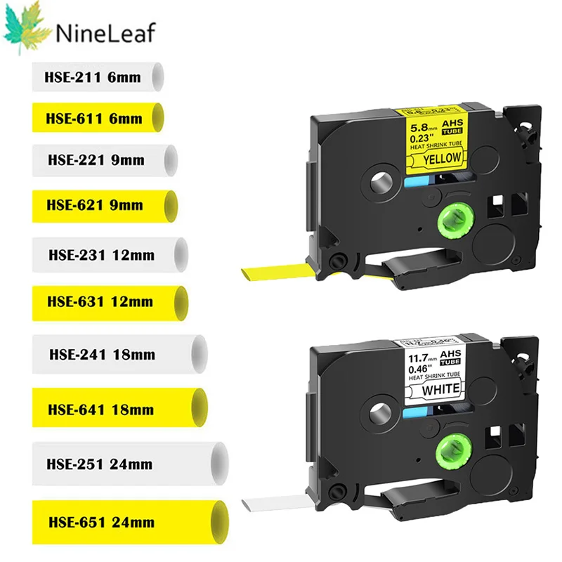 Nineleaf 12 18 24 mm Tubo de Psiquiatra de Calor Fita Compatível para o Irmão Hse211 24 221 231 621 para P-touch Impressora Máquina de Etiquetas