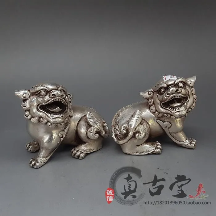 

Special Antique Brass Silver-plated Lion Feng Shui Ornaments, A Pair Of Home Décor Craft Gifts, Antique Collectibles