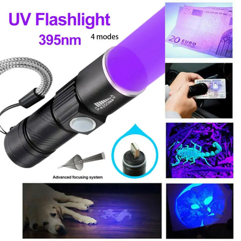 Ультрафиолетовый фонарик с зарядкой от USB, 3 режима, мощный фонарик, телескопический зум, черный свет, Мини светодиодный фонарик 395 нм, Ультрафиолетовый фонарь цена и фото