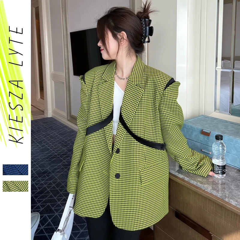 

New Ribbon Green Suit Jacket Women Loose Blazer Green Blue Spring Autumn 2023 Vintage Long Sleeve Female Outerwear Chic