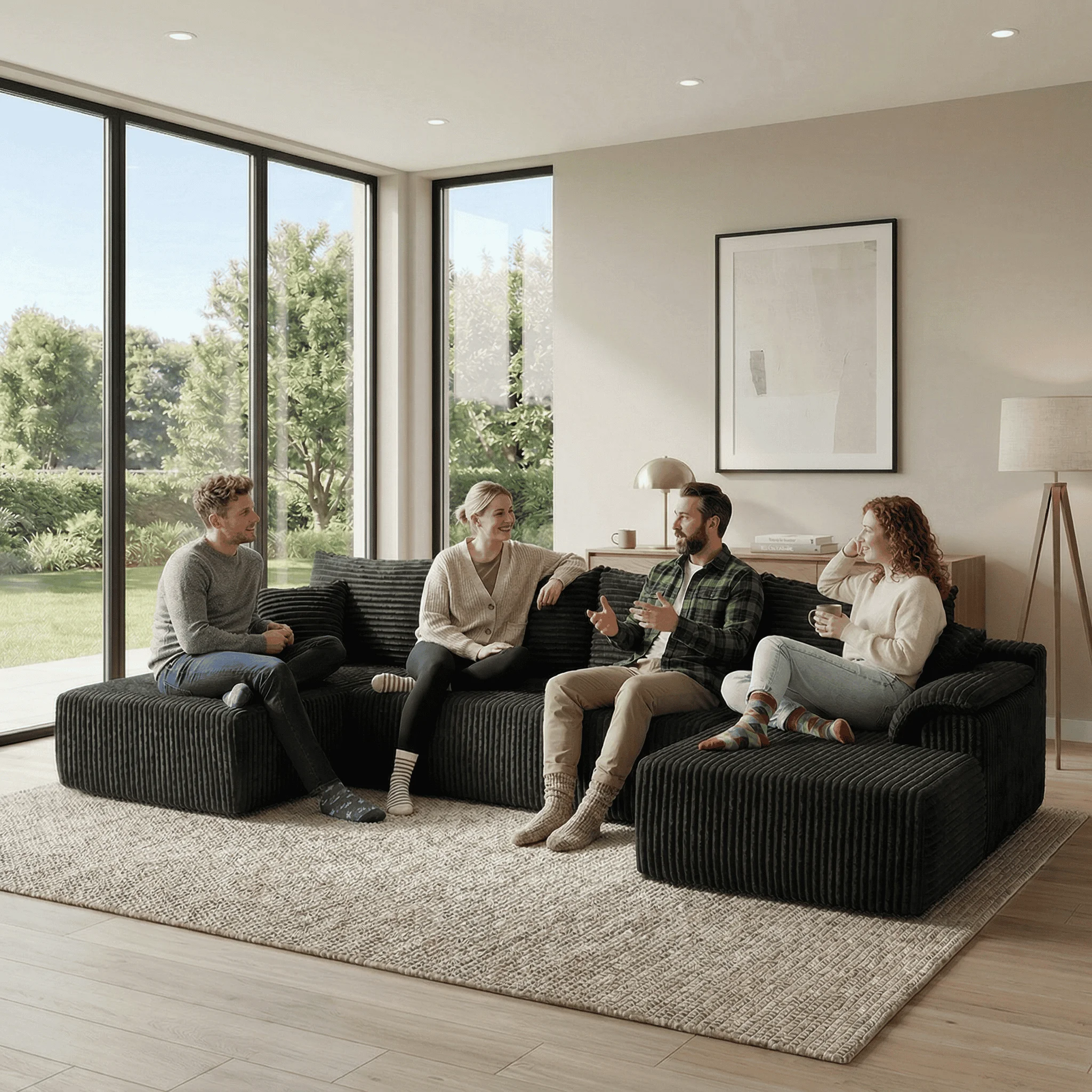 U-Shaped Modular Cloud Sofa, Boneless Sectional Couch, Oversized Deep Seat, Comfy Double Chaise with Pillows for Living Room