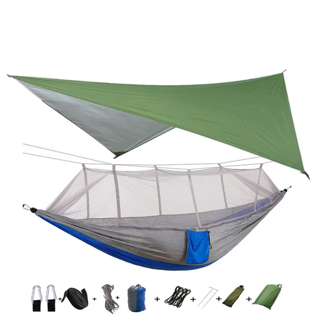 Lightweight Portable Camping Hammock and Tent Awning Rain Fly Tarp Waterproof Mosquito Net Hammock Canopy 210T Nylon Hammocks Green and gray