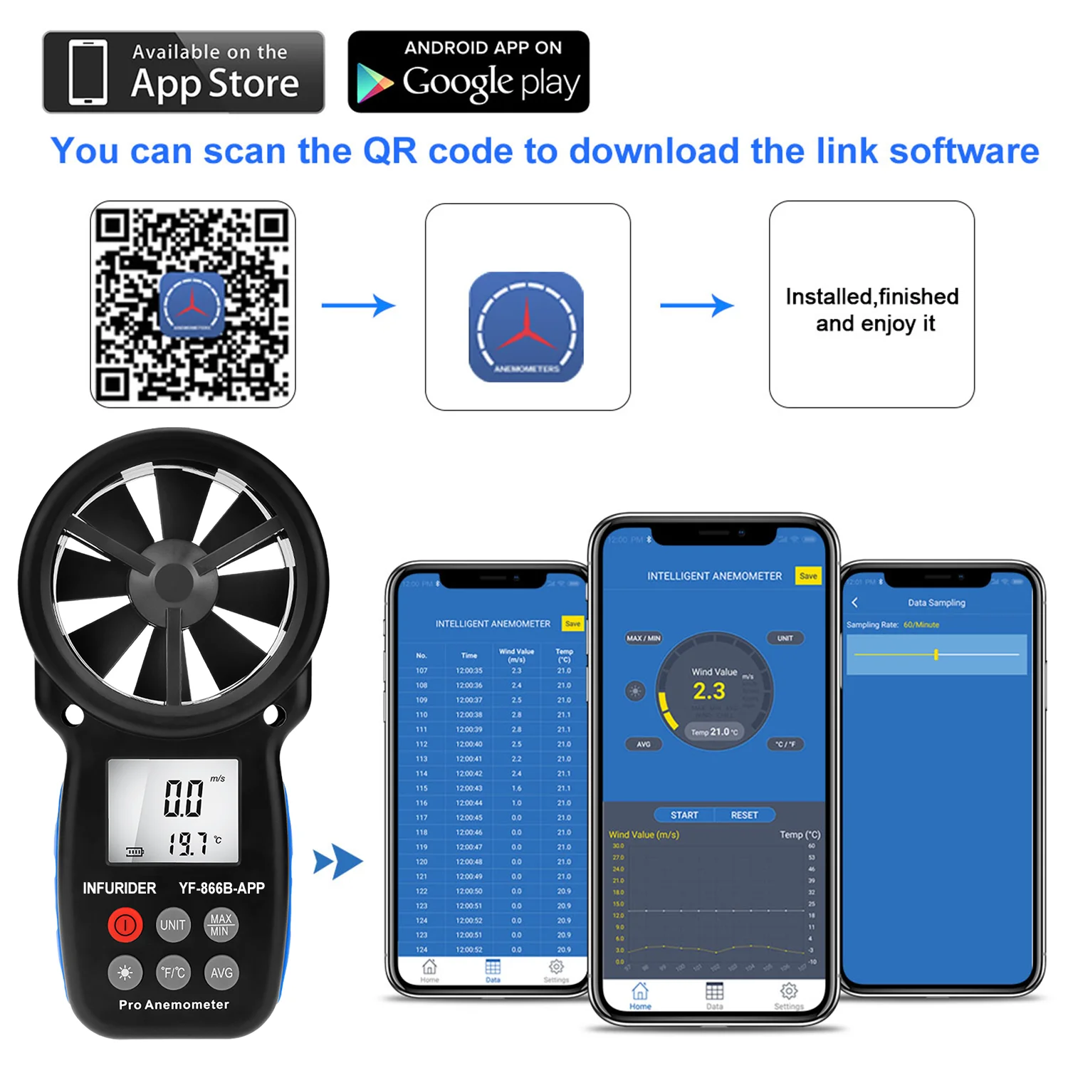 Digital Anemometer HoldPeak HP-866B-APP Wind Speed Wireless Bluetooth Connection Measuring Wind Speed Temperature