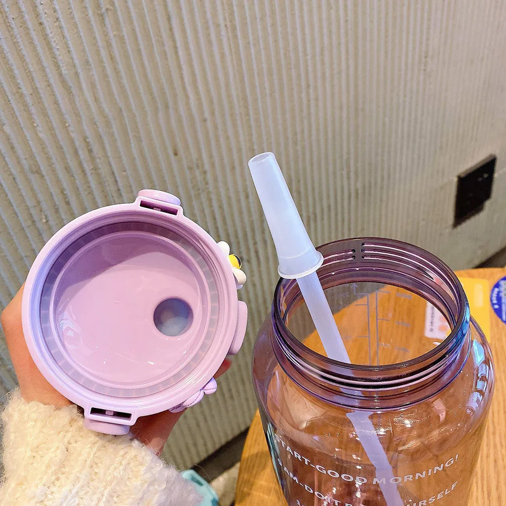 Sports Water Bottle 2L Portable Plastic Straw with Time Marker