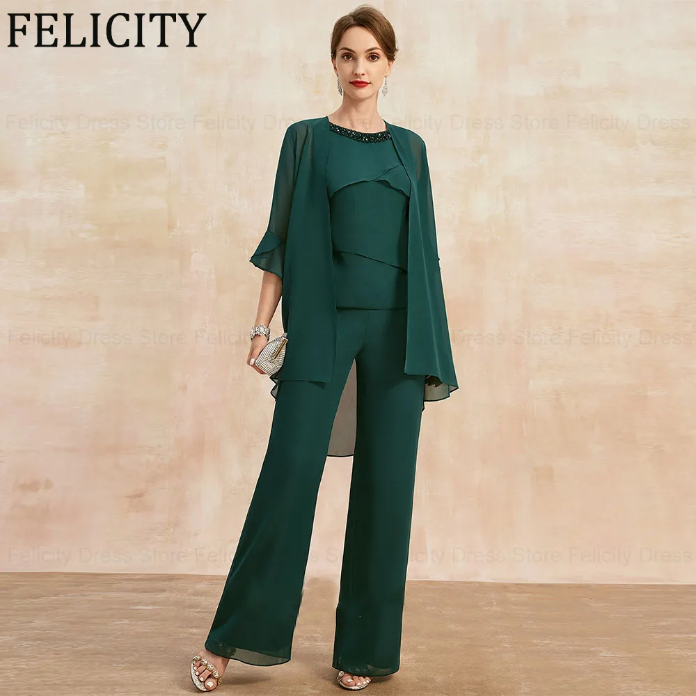 

FELICITY 3 Piece Chiffon Elegant Jumpsuit Mother of the Bride Dresses 2024 Wedding Guest Dresses Pantsuit Beading Evening Gowns