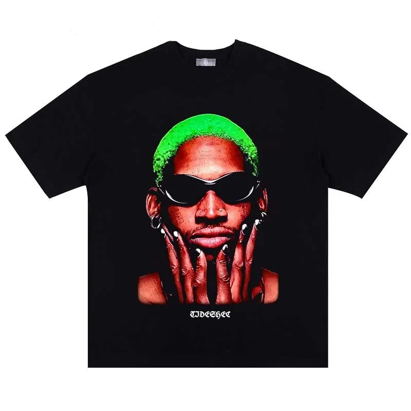 

Vintage Hip Hop Streetwear Men T Shirt Men Oversize Washed Tees Harajuku Tees Rodman Portrait Printed 100% Cotton Tshirt