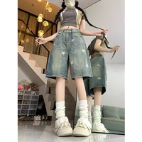 American Style Vintage Women's Short Jeans High Waisted Washed Wide Leg Denim Pants Woman Fashion Do Old Star Knee Length Shorts - Image 5