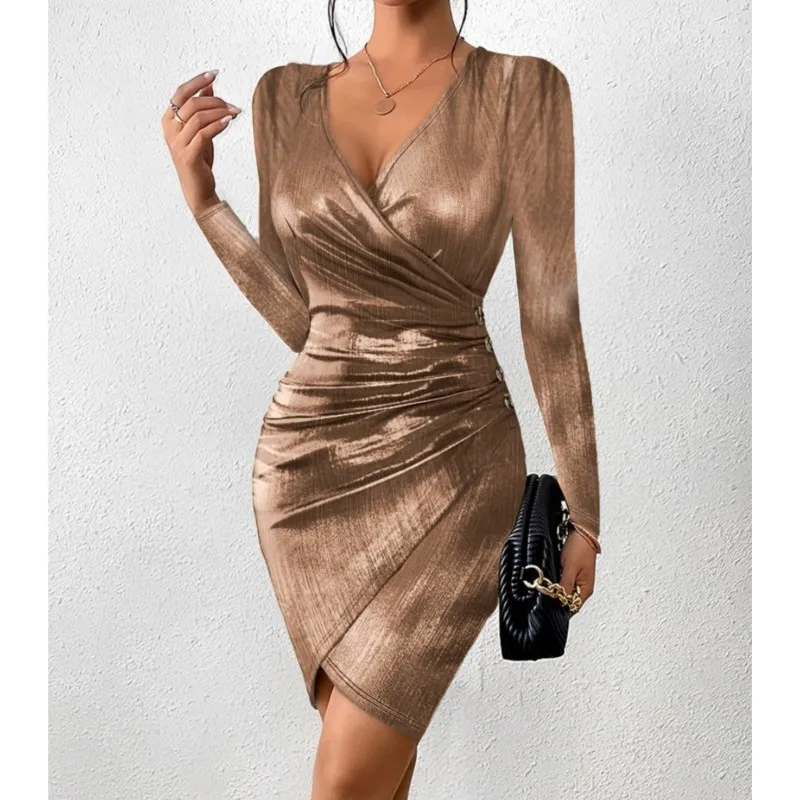

Женское элегантное платье с запахом на бедрах, новое облегающее модное привлекательное однотонное платье с V-образным вырезом и разрезом, Повседневное платье-мини с длинным рукавом