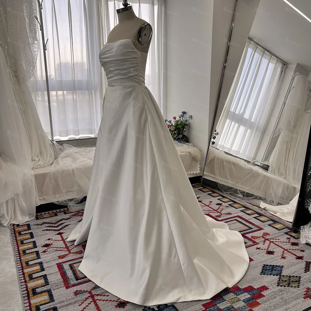 Mryarce 2024 Simple Classic Wedding Dresses With Slit Strapless Luxury Satin A Line Bridal Gowns With Pockets 6