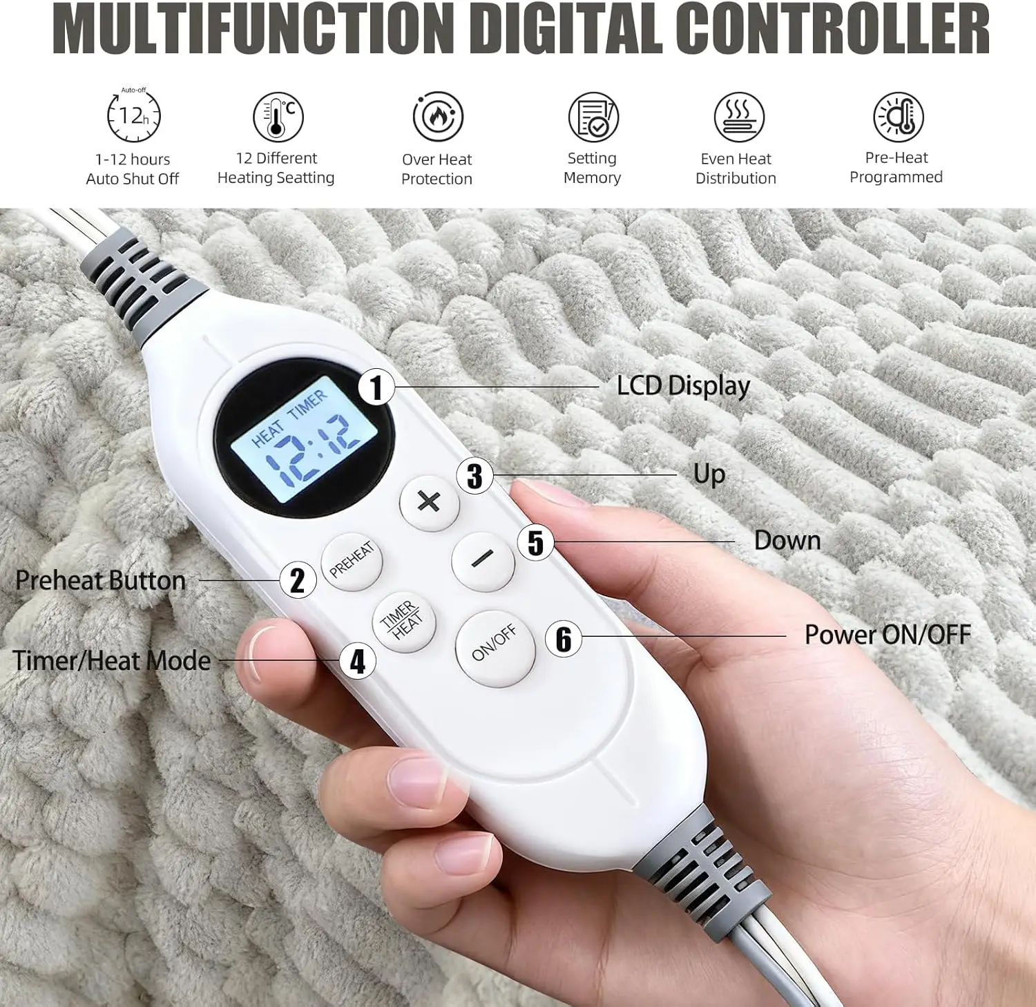 King Size Electric Heated Blanket with Dual Controllers, 12 Heat Levels & Auto Shutoff, ETL FCC Certified