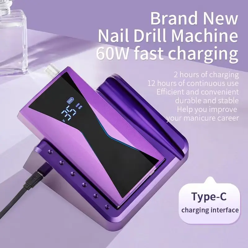 Brushless Nail Drill Lasting 40000RPM Nail Drill Machine 85W Handle Manicure Portable Tool Nail Drill 3