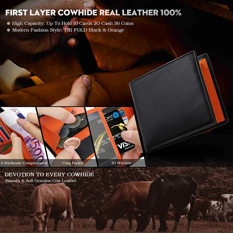 Wallets Mens Slim RFID Blocking Genuine Leather with Coin Pocket  2 Banknote Compartments 10 Credit Card Holders Wallet for Men 5