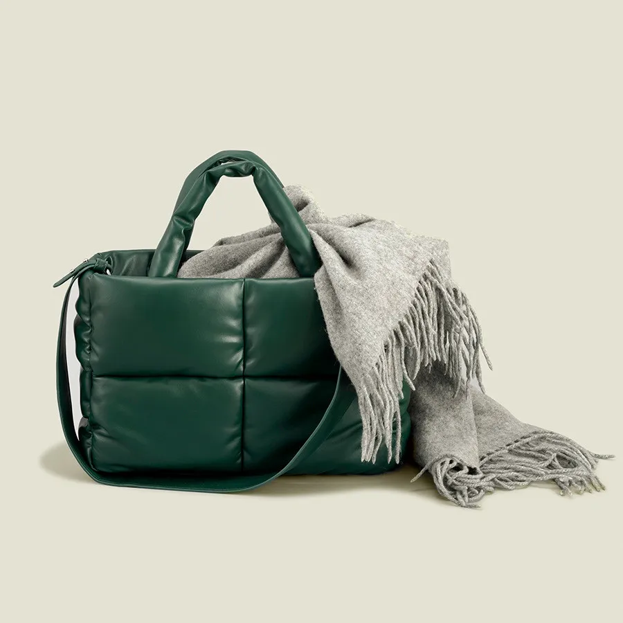 Fashion Woven Women Padded pu leather Shopper Bag Soft Casual White Female Handbag Lady Cotton Shoulder Bag Quilted Duvet Bag