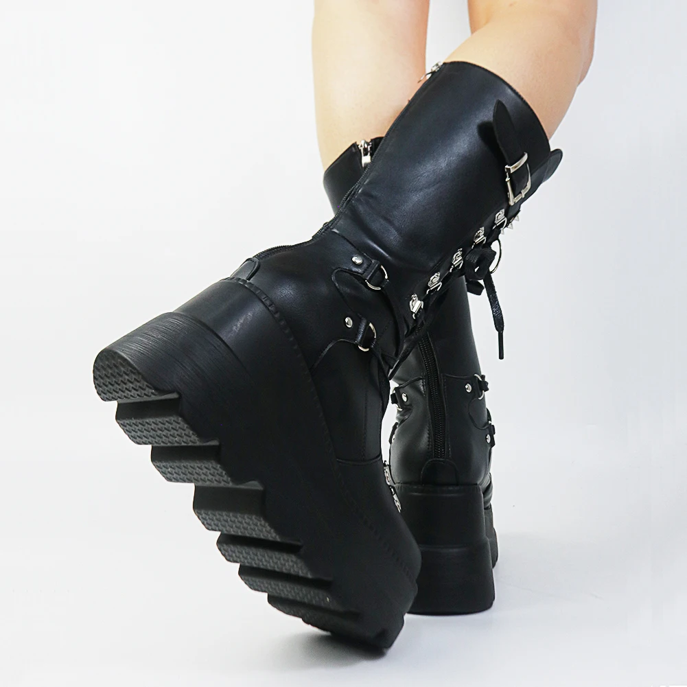 Gothic Style Platform Vampire Cosplay Women Mid-calf Boots 2023 Autumn Wedges Comfortable Woman Motorcycle Boots Shoes Plus Size