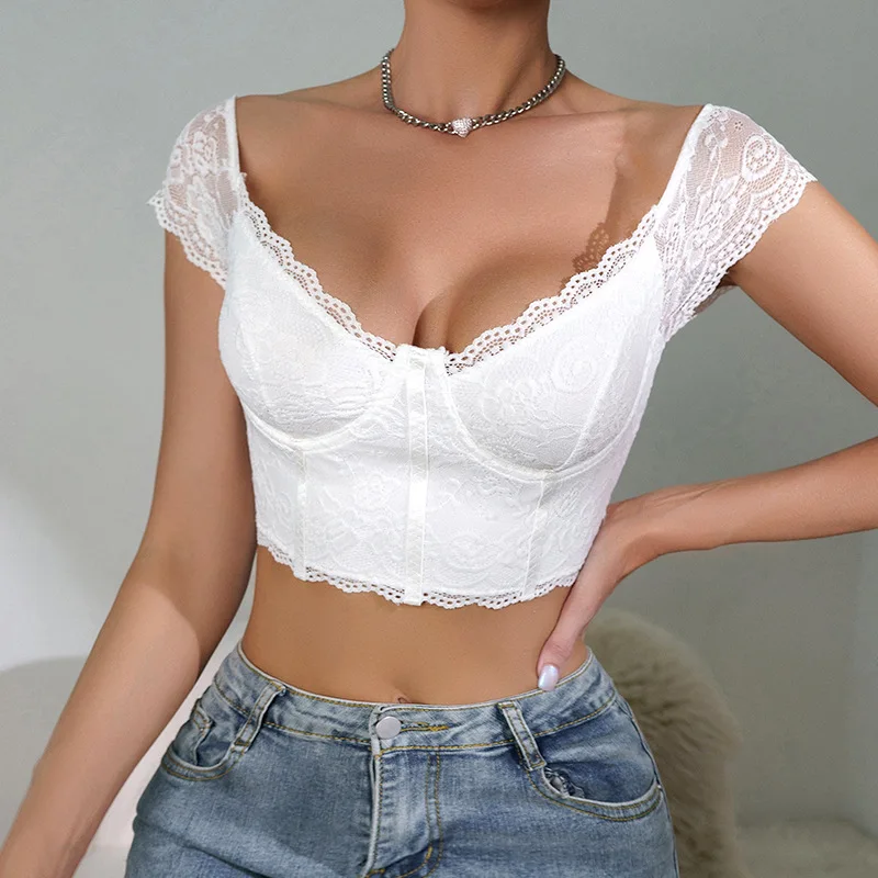 

Sexy Underwire Lace see-through Corset Bra Women Spaghetti Straps Backless Wrap Chest Cropped Vests Tank Tops Corset Cropped Top