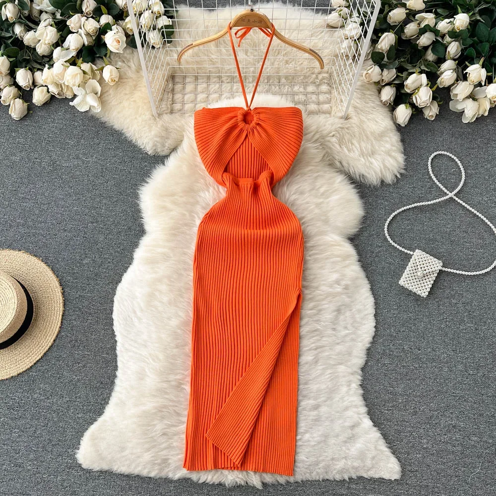 

2024 New Fashion Sunshine Wind Sweet Slimming Skinny Tight Knit Dress Celeb Temperament Hanging Neck Off-shoulder Slit Skirt