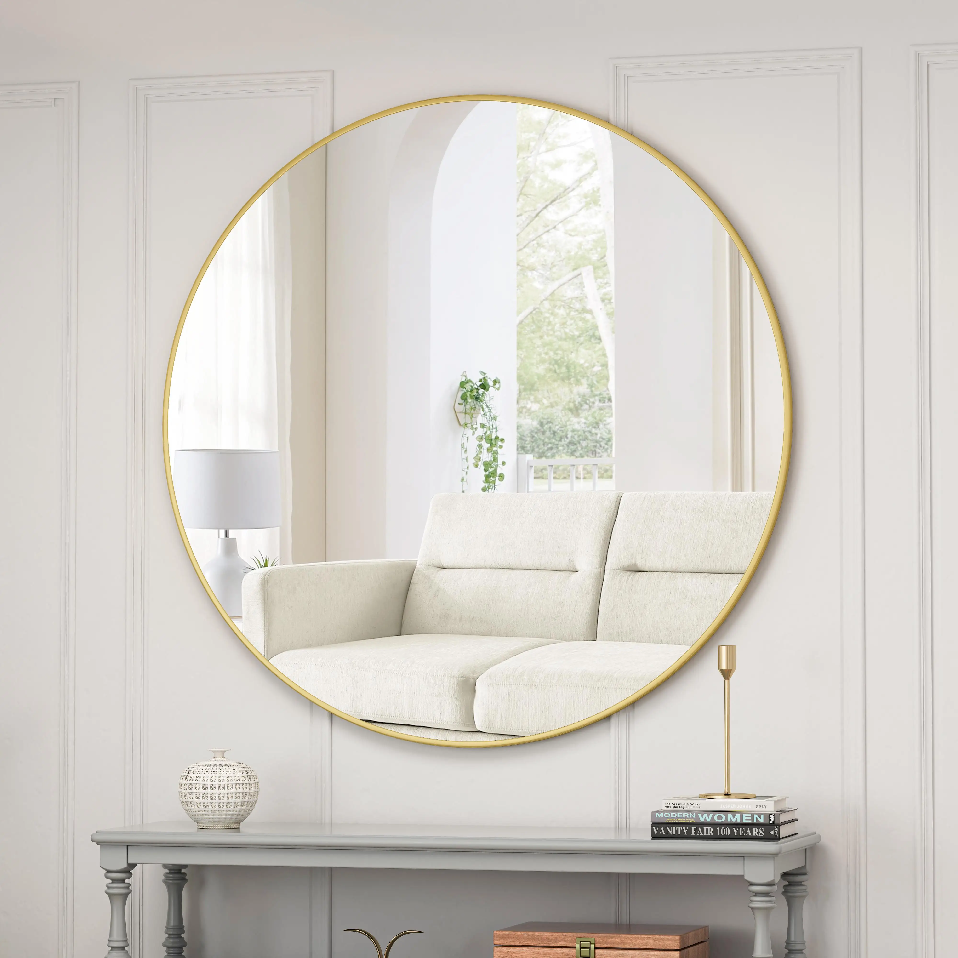 Wall Mirror 42'' Circular Mirror Metal Framed Round Vanity Dressing Mirror, for Bathroom, Living Room, Bedroom Wall Decor