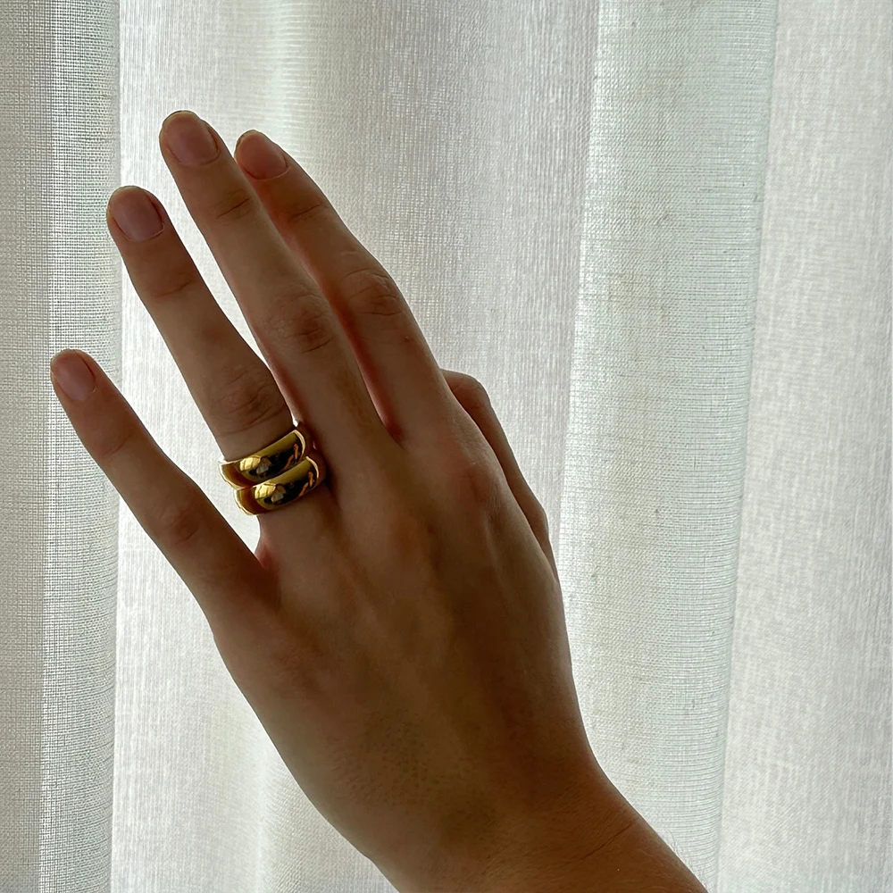 Polished 18K Gold Plated Double-layer Round Minimalist Finger Ring for Women Stainless Steel Hypoallergenic Chunky Rings Jewelry