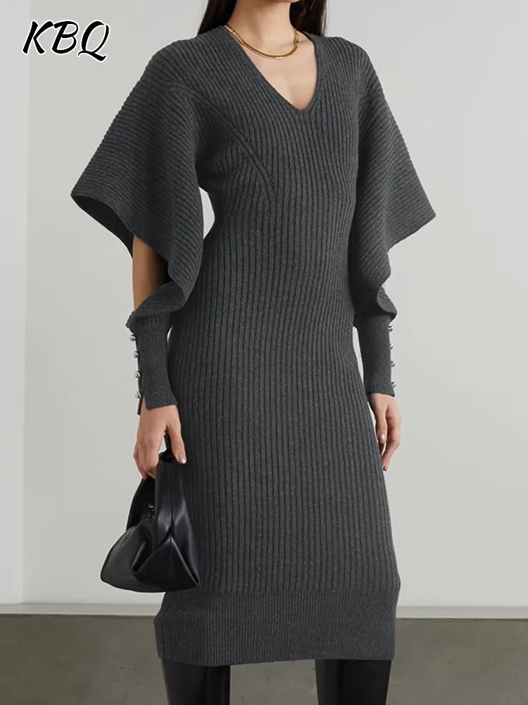 

KBQ Hollow Out Minimalist Dresses For Women V Neck Long Sleeve High Waist Knitting Casual Slimming Dress Female Fashion Clothing