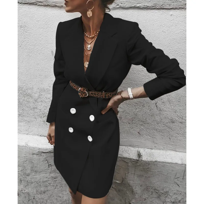 

New 2022 Spring Black Long Blazers for Women Elegant Office Lady Dress Blazer Double Breast Jacket Sexy Solid Dress Jacket Tops
