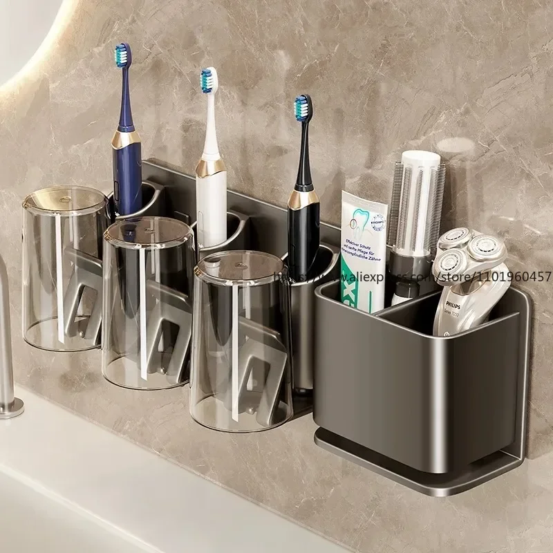 Toothbrush Rack Without Punching Bathroom Tooth Cup Mouthwash Cup Storage Household Wall-mounted Electric Toothbrush Holder