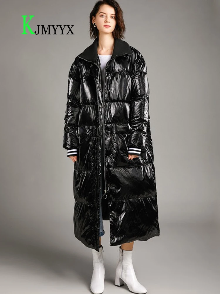 

KJMYYX Women Lare size Down coat 2023 Winter Fashion High collar Thick Warm Female Long Coat Loose Elegant Bright Outwear