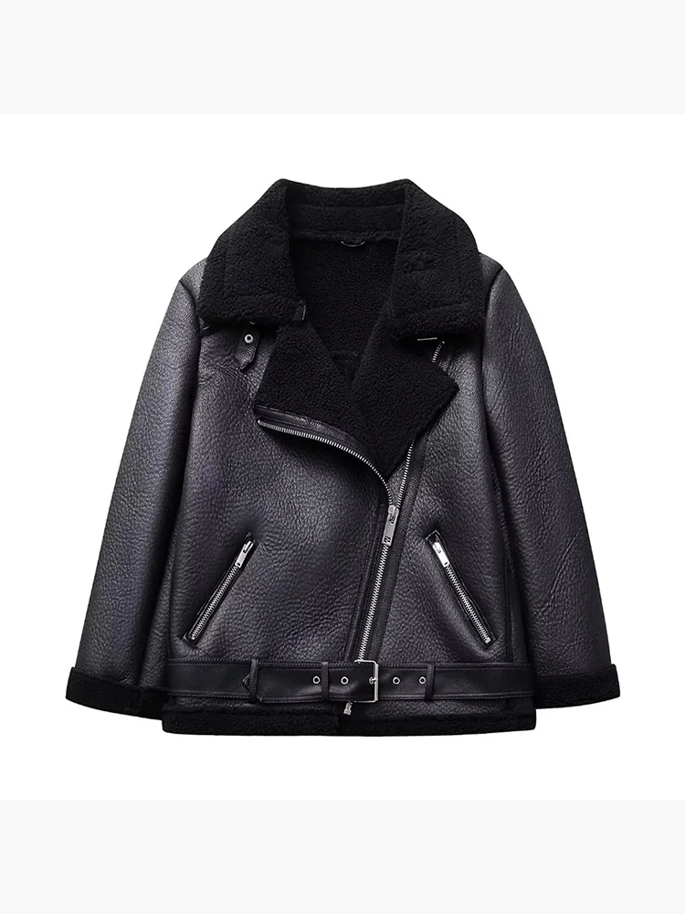 

Cool Lady Winter Moto & Biker Style Black Pu Jackets Outwear Women Fashion Oblique Zipper Fly Double Side Wear Jackets With Belt