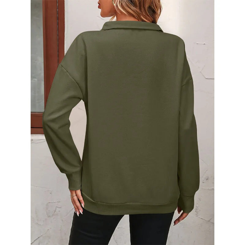2023 New Autumn and Winter Casual Simple Polo Neck Half Zip Long Sleeve Temperament Commuter Women's Sweatshirt Brushed Sweater