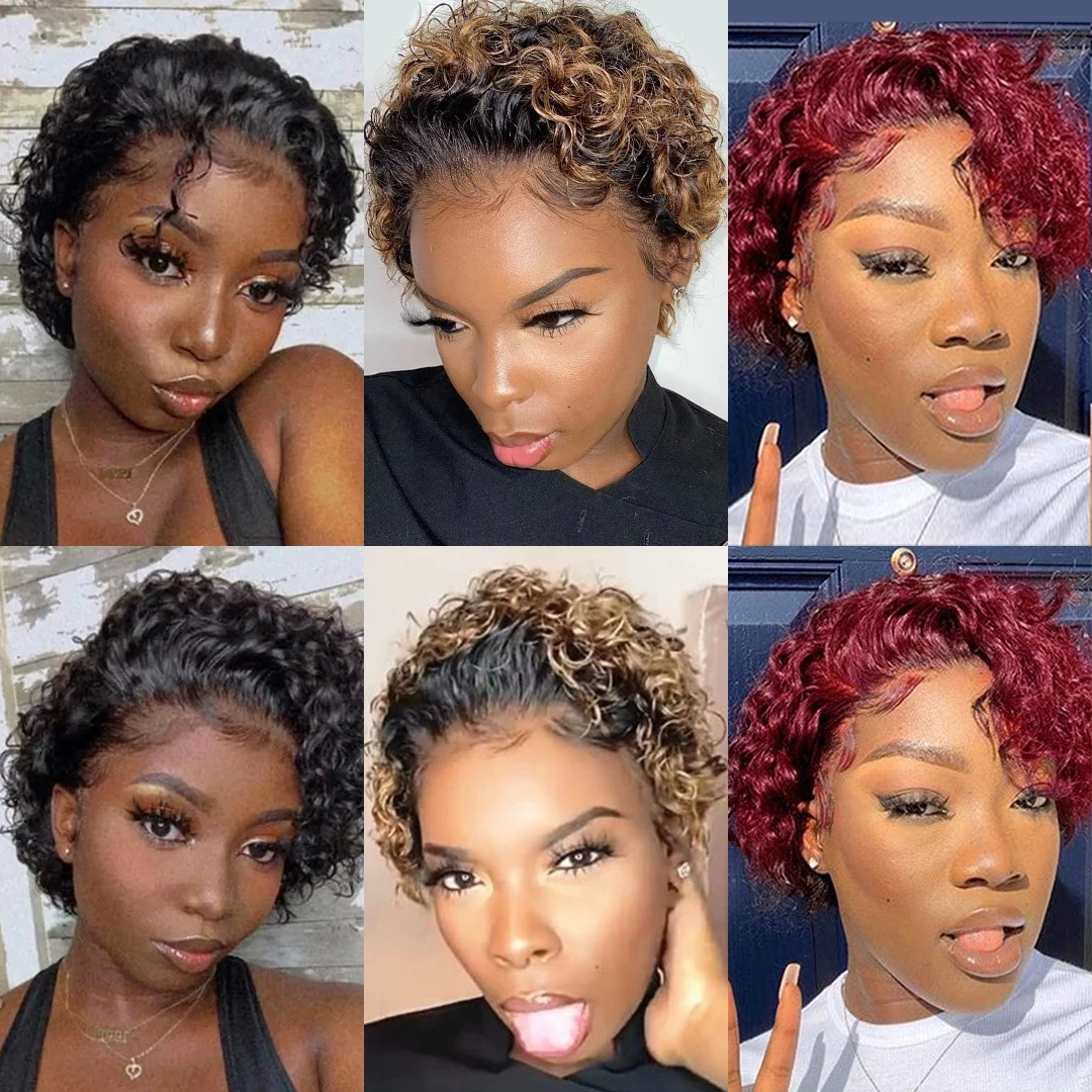 Pixie Cut Wig 1B 30 Brown Color Lace Wig Spring curl Short Bob Human Hair Wig For Women Natural Color Blonde Burgundy Color Remy